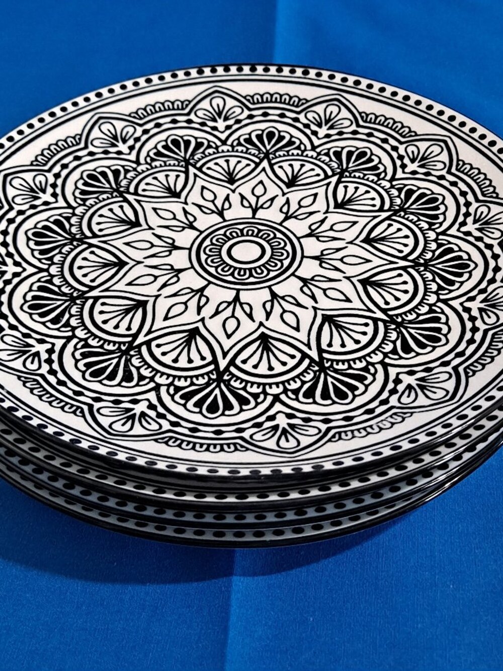 Set 4 Royal Norfolk MEDITERRANEAN 7 1/2" Salad Plates Bread Black White Mandala